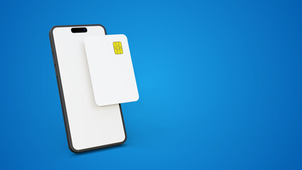 Smartphone and vertical card mockup. 3d mobile phone with blank white screen and bank card with chip. Debit card for finance and cell phone on blue background 3d render.