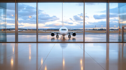 Airplane parked at gate viewed from terminal window, showcasing serene airport scene