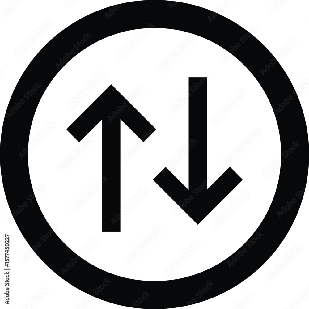 Poster black circular traffic sign with up and down arrows isolated on transparent background