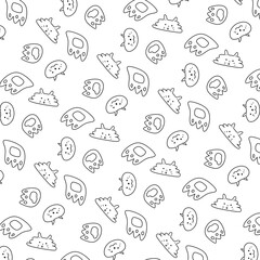 A seamless vector pattern featuring cute black and white doodle-style monsters, perfect for children's designs, fabric prints, wallpapers, and playful backgrounds. cat-like, cat doodle, cartoon cat