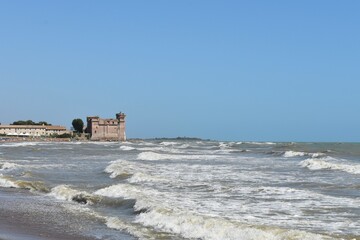 Windy day and wavy sea of Santa Severa in Italy during summer