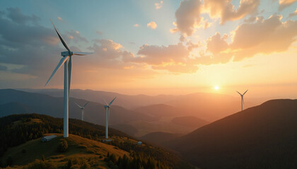 Wind turbines on mountain crest at sunset symbolize renewable energy and sustainability panorama