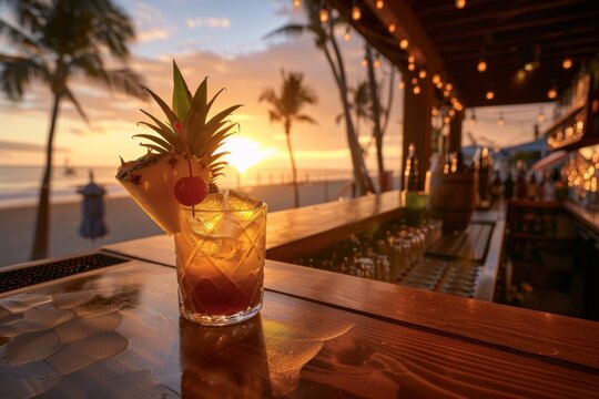 Tropical mai tai cocktail at sunset beach bar