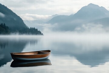 Fototapeta premium Boat drifting in calm lake with misty mountains