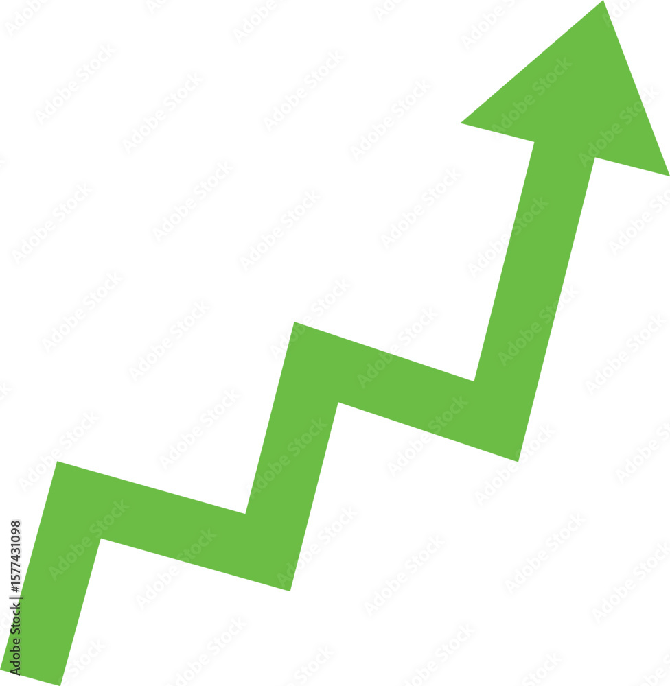 Poster green zigzag arrow pointing upwards indicating growth and progress isolated on transparent backgroun