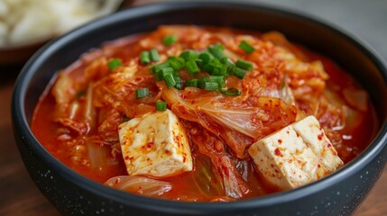 Korean Kimchi Stew in Black Bowl with Green Onions and Tofu