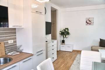 Modern white kitchen and living room with sleek cabinets and cozy seating area