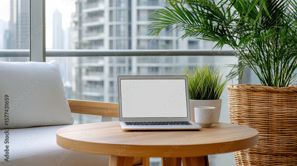 Poster modern workspace setup balcony with greenery and city skyline backdrop, creating serene