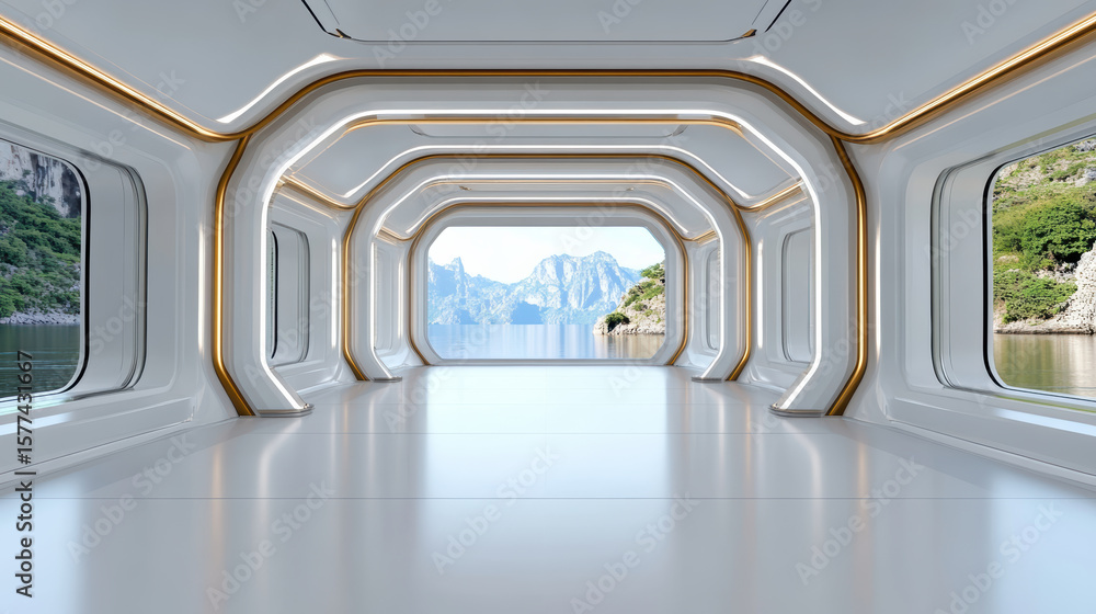 Poster modern modular space terminal features large windows showcasing scenic mountains and water views