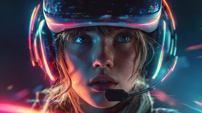 A woman immersed in virtual reality, wearing a futuristic VR headset with a glowing effect. - Powered by Adobe