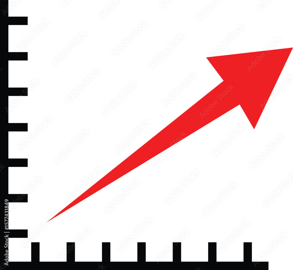 Poster red arrow pointing upwards on a graph indicating growth and success isolated on transparent backgrou