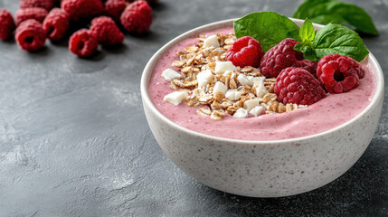 Creamy smoothie bowl topped with raspberries, granola, and fresh mint leaves, perfect