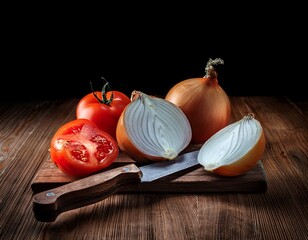 Cebollas tomates y lechuga sobre mesa de madera 