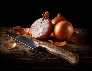 Cebollas tomates y lechuga sobre mesa de madera 