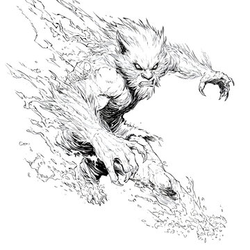 Comic-style shapeshifter mid-transformation, half-human half-beast, wild motion lines, isolated on a white background