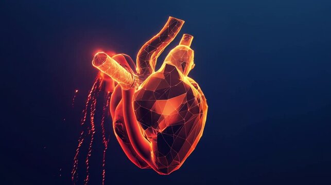 3D model of human heart with golden glowing veins, black background