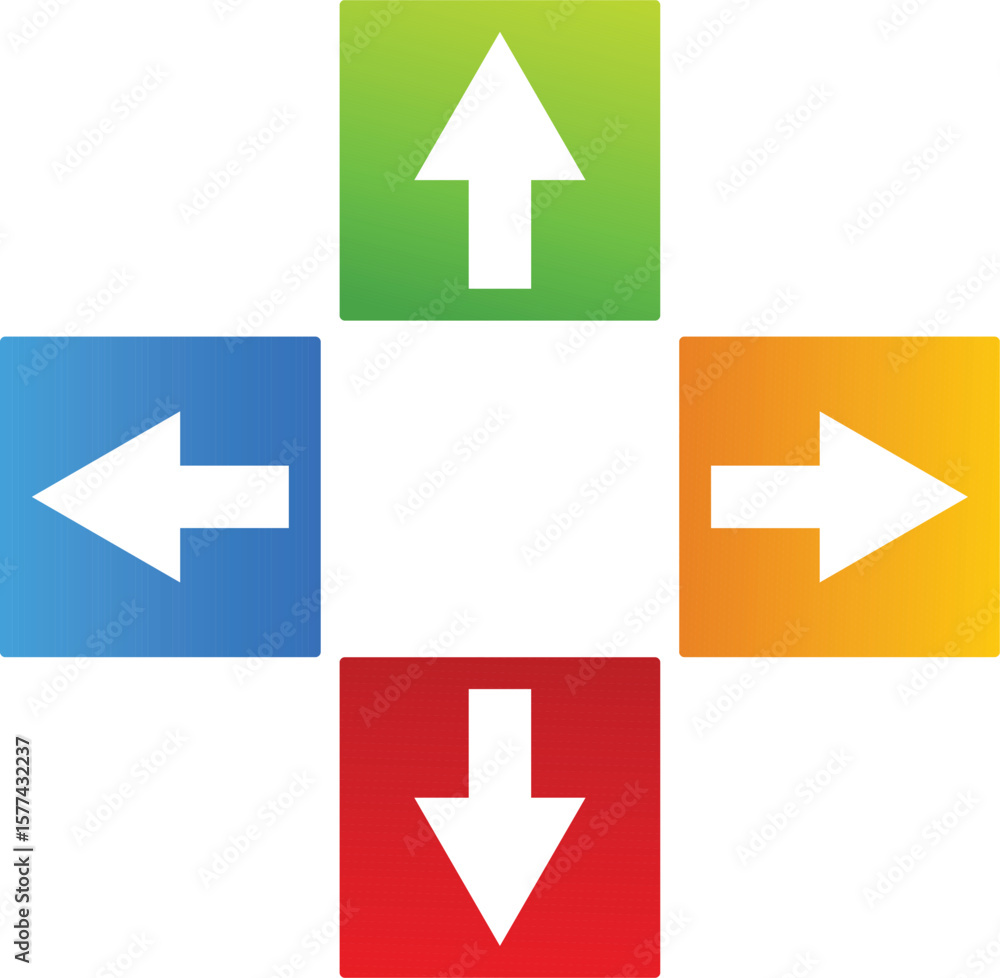 Poster four directional arrows in colored squares isolated on transparent background
