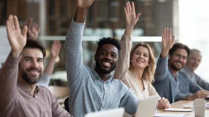 Business meeting with diverse team raising hands to vote on a decision with a divided opinion