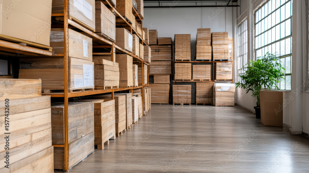 Poster wooden crates stacked in spacious warehouse with large windows, creating bright atmosphere
