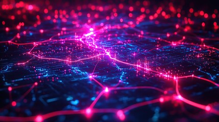 Obraz premium Abstract city map visualization with vibrant glowing transportation network
