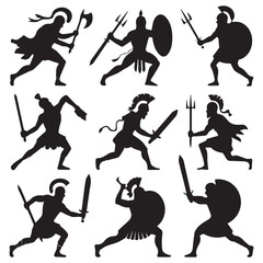 Collection of black silhouettes of ancient warriors in dynamic poses with shields and weapons