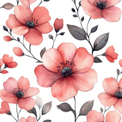 Pink watercolor flowers seamless pattern isolated on transparent background.