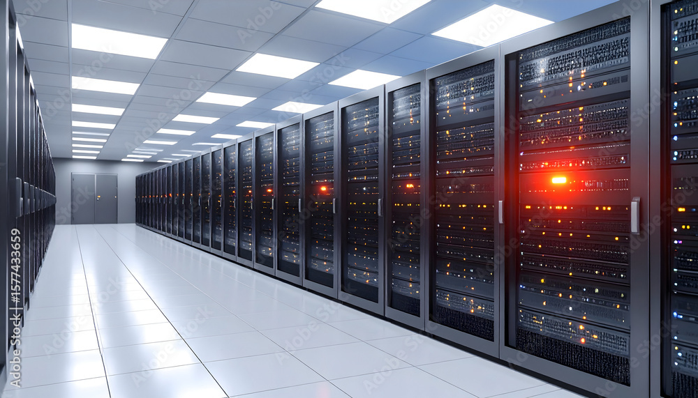 Poster vast server room with illuminated racks and blinking lights powering the digital world