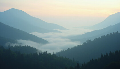 Obraz premium Mystical mountain valley at dawn enveloped in ethereal mist a serene nature scene