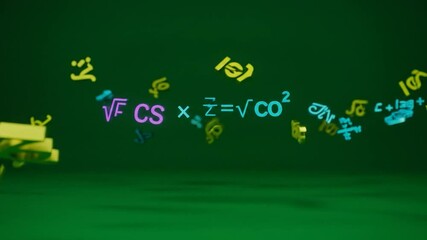 Animated Mathematical Equations and Symbols Floating Against Green Background - Powered by Adobe