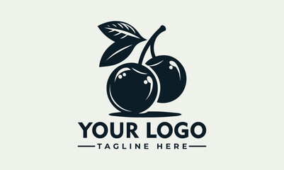 Elegant monochrome logo featuring two cherries on a stem with leaves, ideal for a food or drink brand.