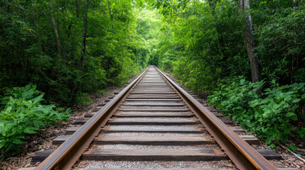 Obraz premium Lush greenery surrounds tranquil railway track, leading into serene forest. scene evokes sense