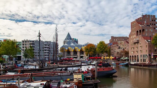 Cloudy autumn sceneries at Rotterdam's iconic Oude Haven with boats