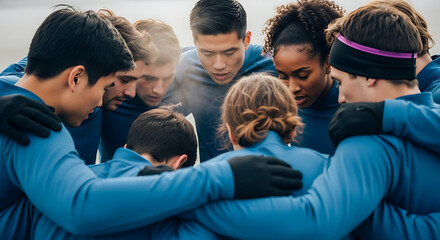 Diverse group of athletes huddled together in unity, showcasing teamwork, determination, and camaraderie for sports and motivational themes.