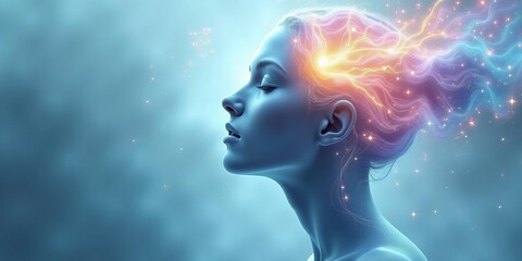 Obraz premium Creativity and human imagination with glowing neural energy and colorful light waves radiating from the mind in blue space