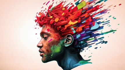 a vibrant, artistic depiction of a person's face and head, with colorful paint splashes and strokes emanating from the hair, creating a dynamic and expressive effect. The background is plain.