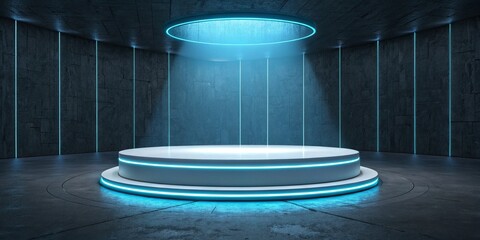 Futuristic empty stage with glowing blue neon lights and concrete walls
