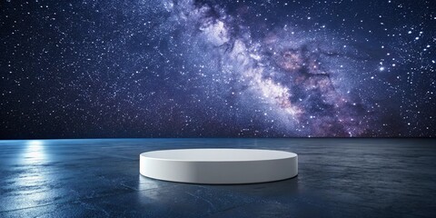 Minimalist white podium stands on a dark reflective floor against a vibrant starry galaxy background