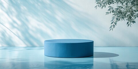 Minimalist blue cylinder podium with natural light and leaf shadows