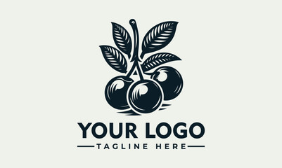 Graphic illustration of three cherries hanging from a stem with leaves, suitable for a logo design.