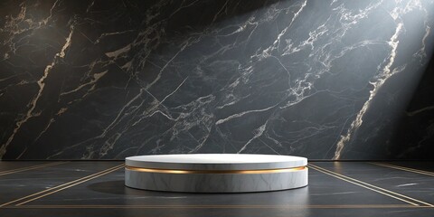 Luxurious white marble podium with gold accent on dark marble floor and wall