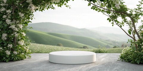 Empty white podium framed by blooming trees against rolling green hills