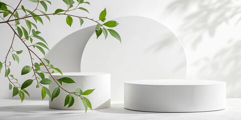 Minimalist white podiums with green leaves and soft shadows for product display