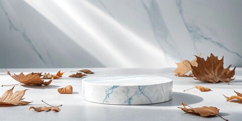 Autumn scene with marble podium and fallen leaves with dramatic light and shadow