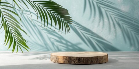 Natural wooden podium with palm leaf shadows on a textured blue background