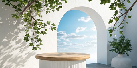 Minimalist arched display platform with greenery and sky view