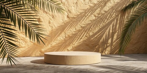 Minimalist beige podium with palm leaf shadows on textured wall background