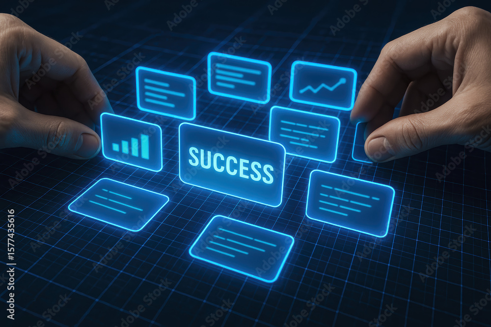 Poster a collaborative approach arranges glowing data cards in a digital grid emphasizing achievement and s
