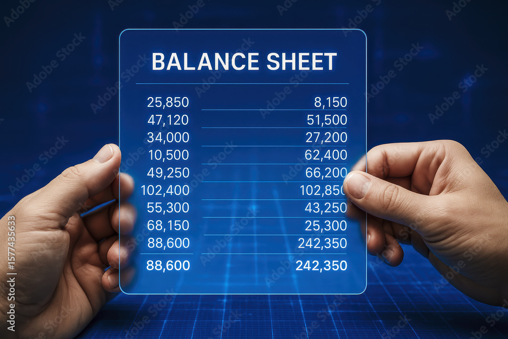 Poster a translucent digital balance sheet held by two hands illustrates financial data analysis and busine