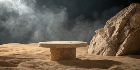 Natural stone pedestal on sand with dramatic smoke and rock background