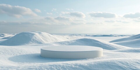 Minimalist white podium on a pristine snow covered landscape under a cloudy sky